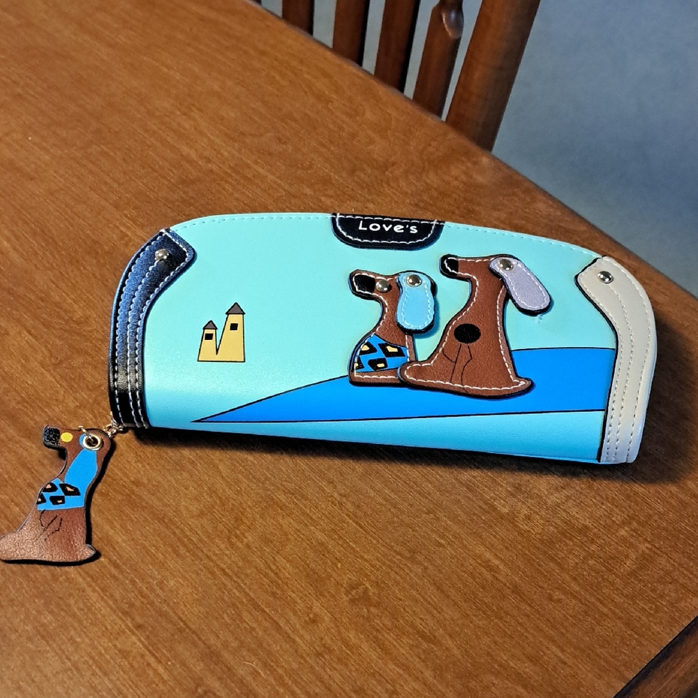 Love Dog-Themed Blue and Brown Wallet